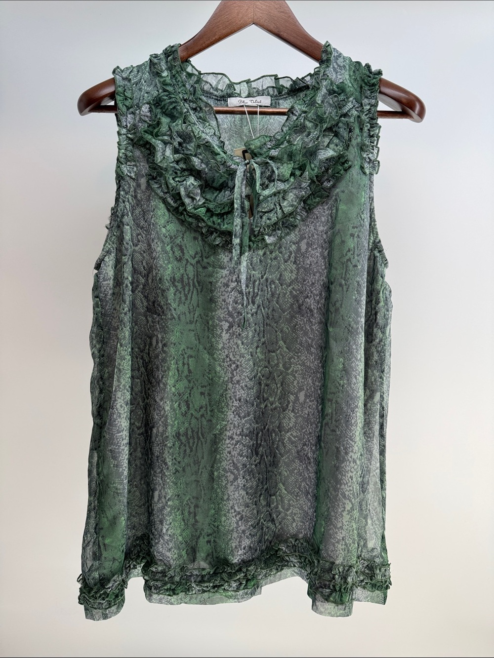 Olivia Moon Green Ruffled Tie-Neck Sheer Snake-Print Camisole